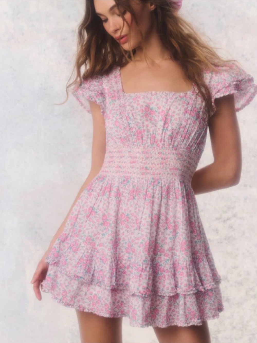 LoveShackFancy Re-Edition Stanton Floral Cotton
Mini Dress in Coffee Cake - M